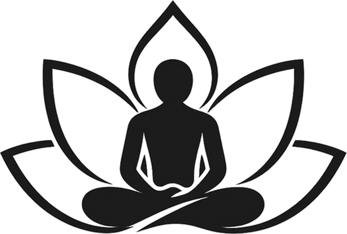 Ilustración de una figura meditando dentro de una flor de loto, sobre fondo negro
